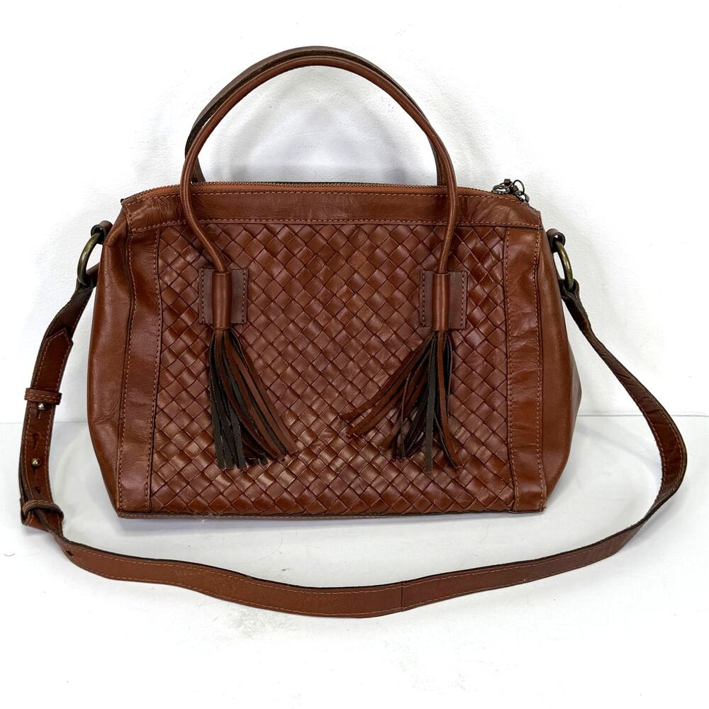 Noonday Collection Monterey Brown Basketweave Leather Handbag Shoulder Tassles